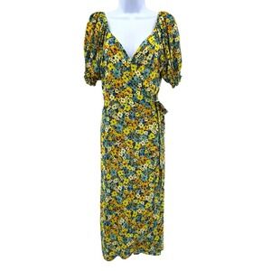L*Space Talia Wrap Dress Size‎ M Yellow Blue Floral Puff Sleeve Midi Vacation